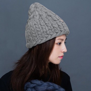 【盲藤手作-山】粗線100%純羊毛編織帽/芝麻