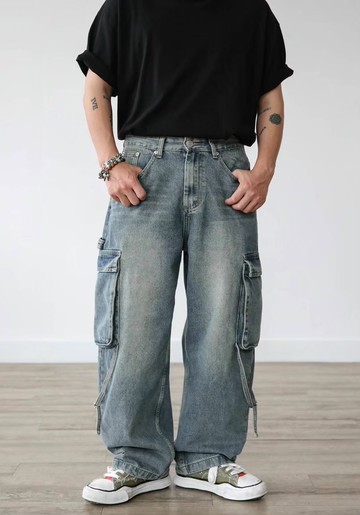 Chemistry_Boys - 韓國 MPT595 RIPEN R561 水洗刷色 大口袋 丹寧長褲 (淺藍丹寧)