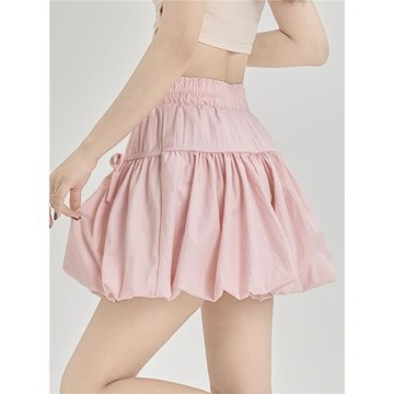 粉色花苞燈籠半身裙女夏季小個子高腰顯瘦防走光a字百褶蓬蓬短裙