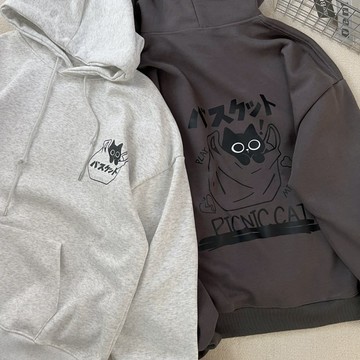 【MasCool】PICNIC CAT袋子貓帽T 口袋帽踢 絨毛內裡 男女同款 連帽衛衣 帽Tee 寬鬆 長袖上衣 長袖