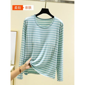 莫代爾帶胸墊家居長袖t恤女秋季薄款寬松打底衫大碼圓領條紋上衣