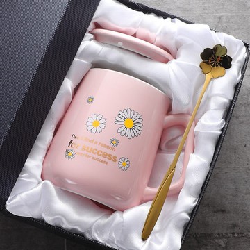 可禮守護你的少女心簡約馬克杯帶蓋勺男女陶瓷杯子韓版大容量咖啡