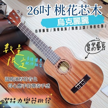【潔特力樂器批發】台灣現貨．老闆是老師 26吋烏克麗麗 桃花芯木 頂級弧背背板 烏克麗麗 初學選全配件 初學入門極適用