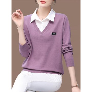 假兩件打底針織衫上衣女春秋2025春裝新款襯衫領拼接上衣寬松毛衣