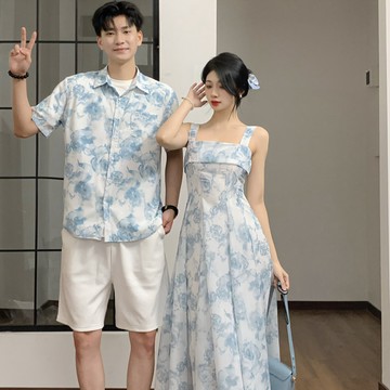 M-3XL 夏天情侶裝 度假情侶衣 沙灘吊帶洋裝 男花襯衫 情侶翻領裝 長洋裝 沙灘裙 中長裙 花色情侶套裝