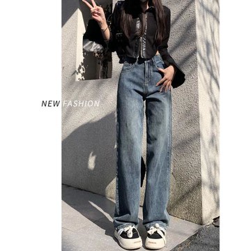 拉夏貝爾高腰窄版直筒牛仔褲女2026新款小個子復古闊腿褲子春季款