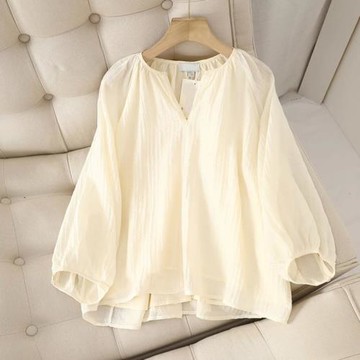 甜美溫柔雪紡襯衣套頭純色春季長袖小衫輕薄透氣褶皺感百搭上衣女