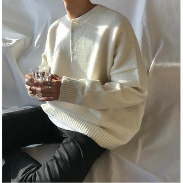 蕉藍地秋冬日系復古vintage圓領闊版溫柔慵懶針織衫套頭毛衣男女
