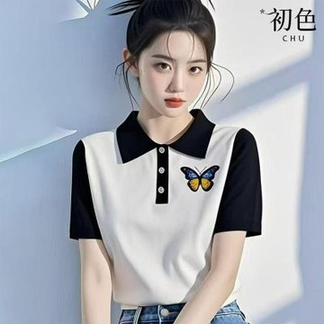 初色 簡約休閒翻領半扣式拼接撞色蝴蝶印花短袖polo衫上衣女上衣-白色-19552(F可選)