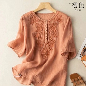 初色 文藝風復古寬鬆刺繡圓領短袖襯衫上衣女上衣-共5色-11411(M-2XL可選)