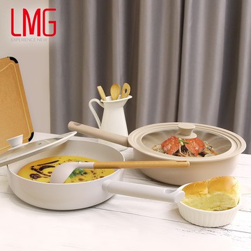 【LMG】ALBEE聯名｜奶茶系列不沾炒鍋28cm(含蓋)贈方柄櫸木矽膠料理湯勺-奶茶灰