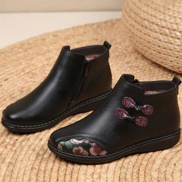 織麗媽媽鞋冬季加絨真皮防滑軟底老年棉鞋女大碼女鞋老人棉靴奶奶