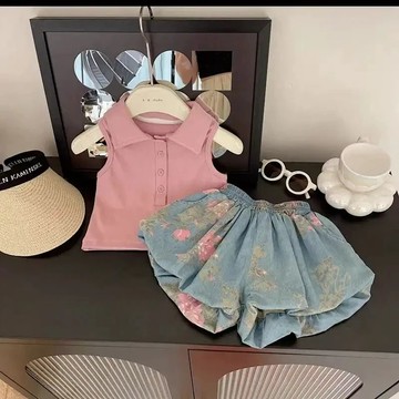 夏季女童韓版翻領純色背心女孩輕薄款碎花軟牛仔花苞短褲夏天套裝 夏天韓版套裝 女童休閒兩件套 兒童套裝 中小童短袖套裝