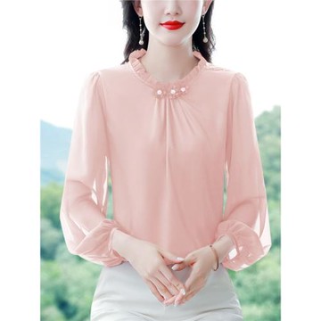 時尚百搭減齡粉色雪紡襯衫女春秋2025年新款媽媽氣質小衫長袖上衣