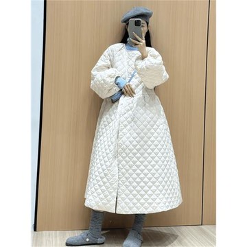 (免運)長款菱格紋羽絨棉服女冬季復古新款棉衣外套韓國東大門過膝大衣潮