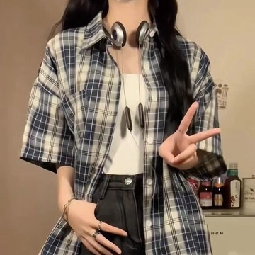 港風復古格子短袖襯衫女2025夏季新款潮牌設計感寬鬆慵懶休閒襯衣