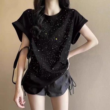 亮閃閃超酷燙鉆坎肩寬松短袖t恤女2025新款爆款夏季別致獨特背心