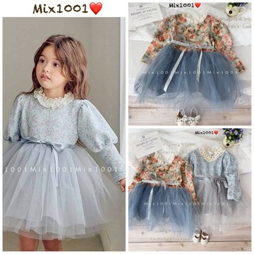 🌈✨mix1001 緹花領小碎花拼接網紗洋裝✨兒童碎花洋裝 5-17