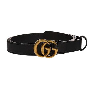 【GUCCI】經典雙Ｇ金色仿舊款 滑面皮革皮帶-黑色 409417 AP00T 1000
