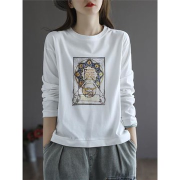 復古星月純棉長袖粉色減齡T恤女寬松時尚百搭春秋女士打底衫上衣