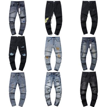 Purple Brand跨境潑墨印花美潮高街復古破洞休閑潮流男女牛仔長褲