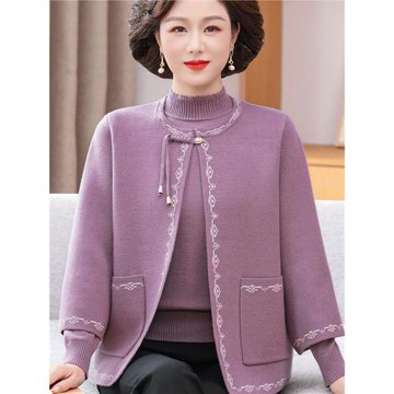 中老年針織衫女套裝大碼外套秋冬新款上衣洋氣媽媽裝毛衣兩件套