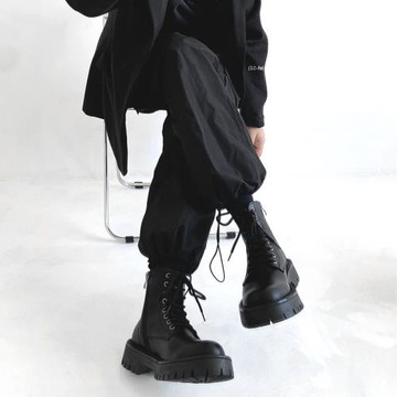 真皮工裝機車靴男英倫風厚底增高黑色馬丁靴女ins潮酷側拉鏈圓頭