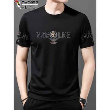 啄木鳥短袖t恤男夏季新款寬松半袖冰絲體恤男士薄款印花冰感潮牌T