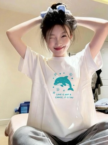 海豚白色短袖 oversize寬鬆 韓版短T 圓領半袖 上衣女夏日女生寬鬆純棉新款休閒可愛簡約元氣百搭上衣