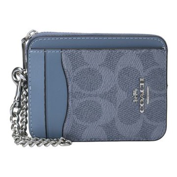 COACH 拚色皮革直式方盒鍊帶卡夾零錢包(霧藍x淺藍)
