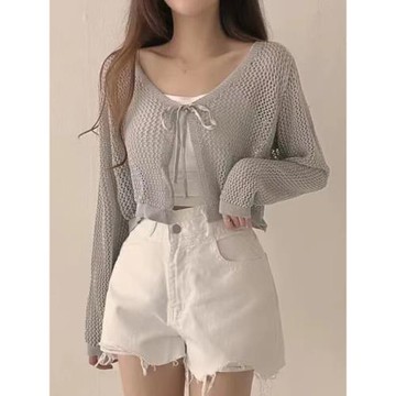 韓國chic夏季蝴蝶結綁帶鏤空透視防曬衫女寬松顯瘦短款針織衫外套