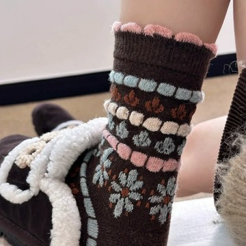 厚襪子女款藍棕日雜雛菊小花秋冬復古咖色中筒襪美拉德學院堆堆襪