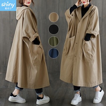 【V3890】shiny藍格子-輕活秋閑．純色寬版過膝長款排扣連帽風衣外套