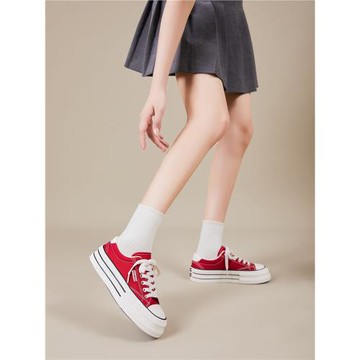 人本厚底松糕底帆布鞋女2025秋季新款透氣百搭韓版潮復古紅色板鞋