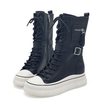 Patrick 霧感甜心真皮皮帶學院風增高中筒靴休閒靴