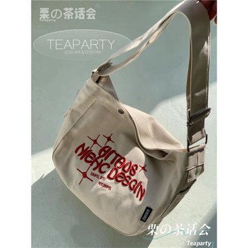 日系ins簡約帆布包大容量單肩斜挎包包女 小眾刺繡學生百搭托特包