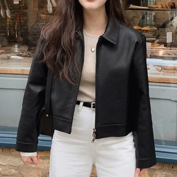 韓國chic秋季復古帥氣翻領雙開拉鏈PU皮設計寬松百搭長袖皮衣外套