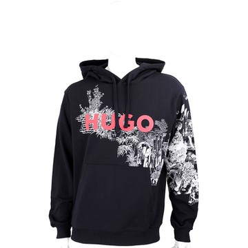 HUGO BOSS DOLIVETO 字母貼布植物磚牆印花黑色連帽運動衫 大學T(男款)