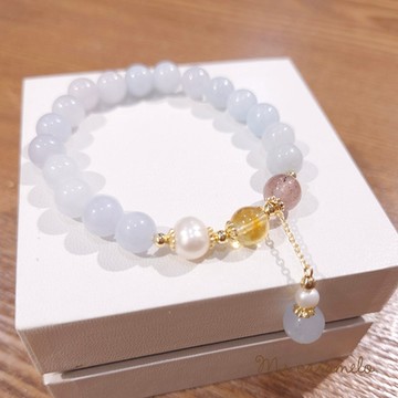 【焦糖小姐 Ms caramelo】海藍寶 草莓晶 黃水晶 淡水珍珠手鍊