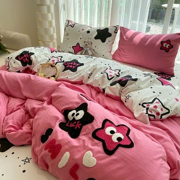 新款立體刺繡系列 桃紅星星全棉刺繡床包四件套