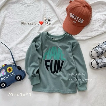 🌈✨mix1001圓形F U N印字母休閒上衣 ✨兒童發泡大字母上衣5-17