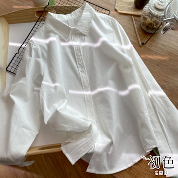 初色 日系復古正肩顯瘦單排多扣翻領長袖純色休閒襯衫上衣女上衣-白色-10827(F可選)