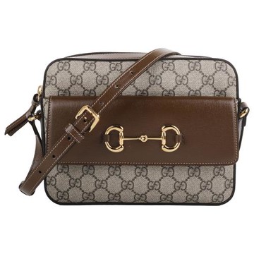 GUCCI- 滿版GG圖紋拚皮革馬銜釦肩斜背包(卡其x駝)