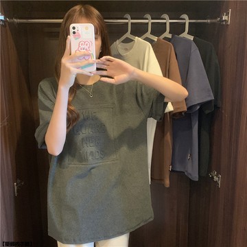 韓版寬鬆中長款凹凸字母正肩圓領上衣夏小衆短袖T恤