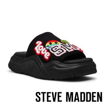 STEVE MADDEN-潮流刺繡布貼厚底拖鞋 SPANKY-P-黑色