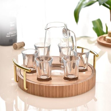 創意圓形竹制分酒器白酒杯架居家方形烈酒杯收納架杯架套裝擺件架