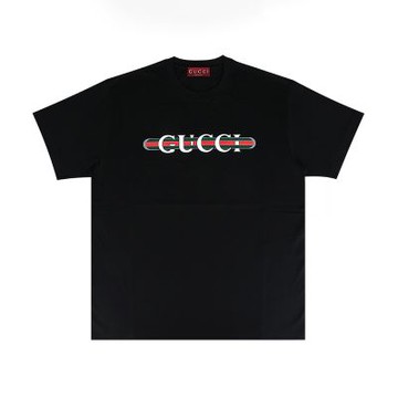 GUCCI 白色英文LOGO紅綠織帶燙印棉質短袖T恤(女款/黑)