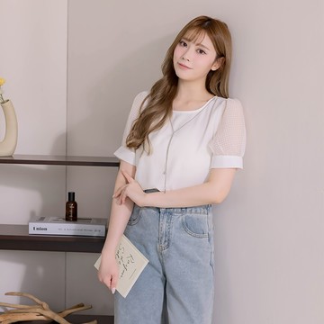 【買2送1】HS 透紗網格袖上衣 白色