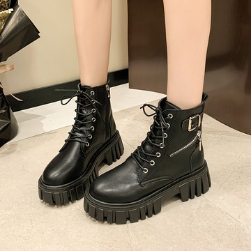 🔥台灣出貨🔥靴子厚底粗跟係帶馬丁靴女鞋子英倫風百搭皮帶扣短筒馬丁靴女