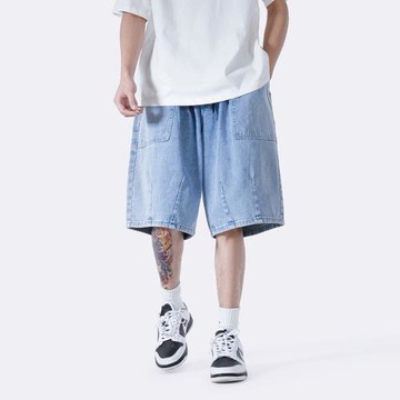 淺藍色牛仔短褲男美式復古oversize褲子夏季五分褲直筒寬松休閑褲